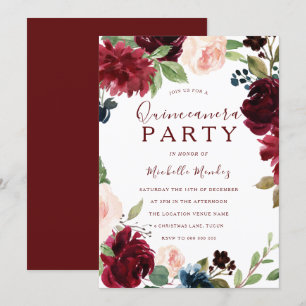 Burgundy Maroon Red Floral Quinceanera Party Einladung