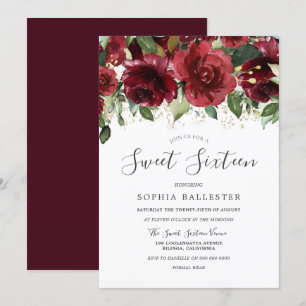 Burgundy Maroon Red Watercolor Blume Sweet 16 Einladung