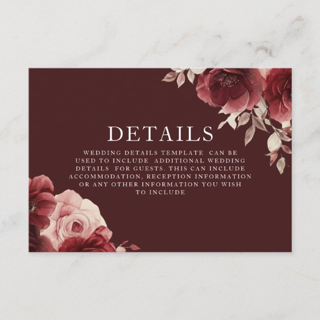 Burgundy Maroon Rose Elegante Hochzeiten Details Begleitkarte (Vorderseite)