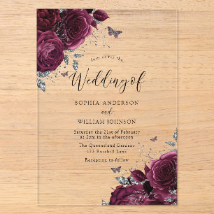 Burgundy Maroon Rose mit silberner, eleganter Hoch Acryleinladungen