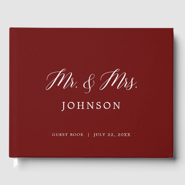 Burgundy Maroon Script Foto Wedding Guest Book Gästebuch (Vorderseite)