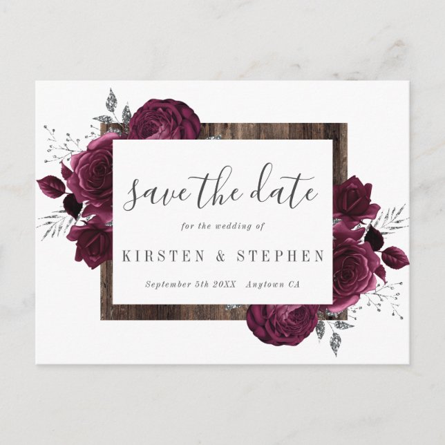 Burgundy Maroon Silver Floral Fall Save the Date Postkarte (Vorderseite)