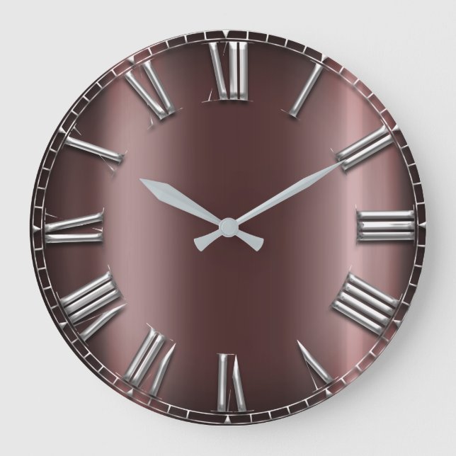 Burgundy Maroon Silver Gray Metallic Roman Number Große Wanduhr (Vorderseite)