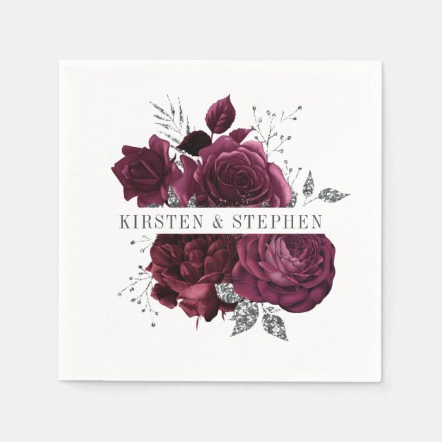 Burgundy Maroon und Silver Floral Wedding Cocktail Serviette (Vorderseite)