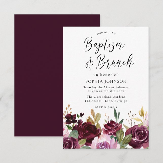 Burgundy Maroon Wasserfarbe Blumentaufen & Brunch Einladung (Vorne/Hinten)