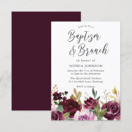 Burgundy Maroon Wasserfarbe Blumentaufen & Brunch Einladung