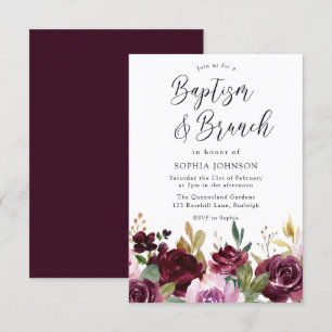 Burgundy Maroon Wasserfarbe Blumentaufen & Brunch Einladung