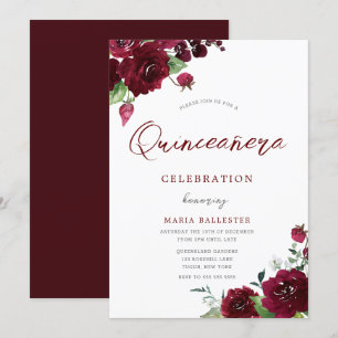 Burgundy Maroon Watercolor Blume Quinceanera Einladung