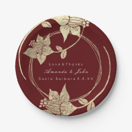 Burgundy Maroon Wedding Gold Floral Wreath Holiday Pappteller
