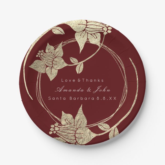Burgundy Maroon Wedding Gold Floral Wreath Holiday Pappteller (Vorderseite)
