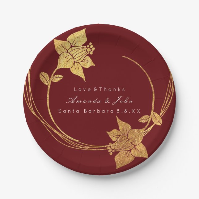 Burgundy Maroon Wedding Gold Floral Wreath Red Pappteller (Vorderseite)
