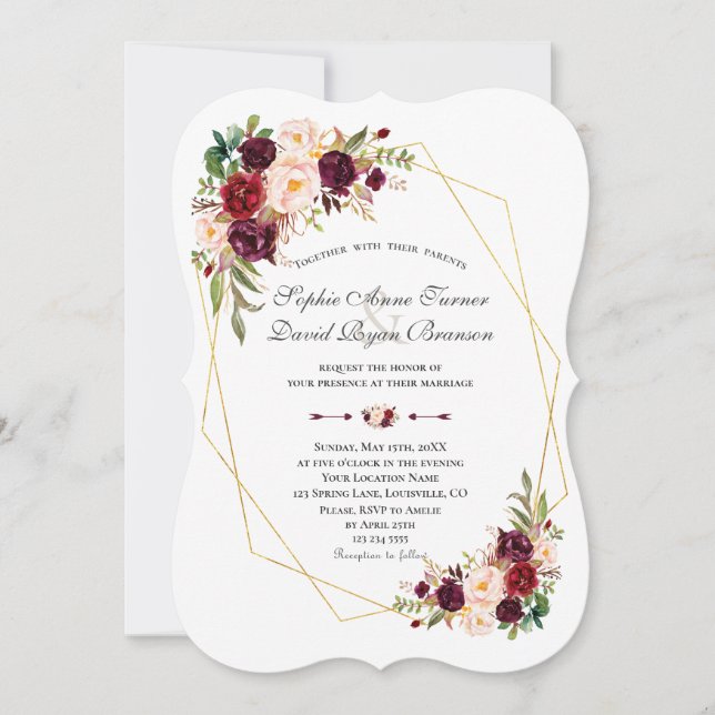 Burgundy Marsala Blume Gold Frame Wedding Einladung (Vorderseite)