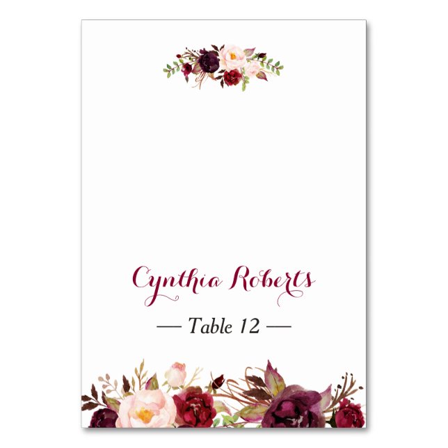 Burgundy Marsala Blume Hochzeit Platzkarte Tischnummer (Vorderseite)