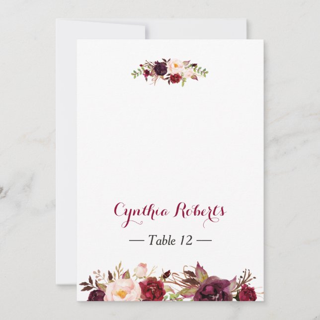 Burgundy Marsala Blume Wedding Place Escort Card (Vorderseite)