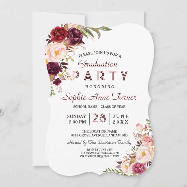 Burgundy Marsala Blush Bloral Graduation Party Einladung (Vorderseite)