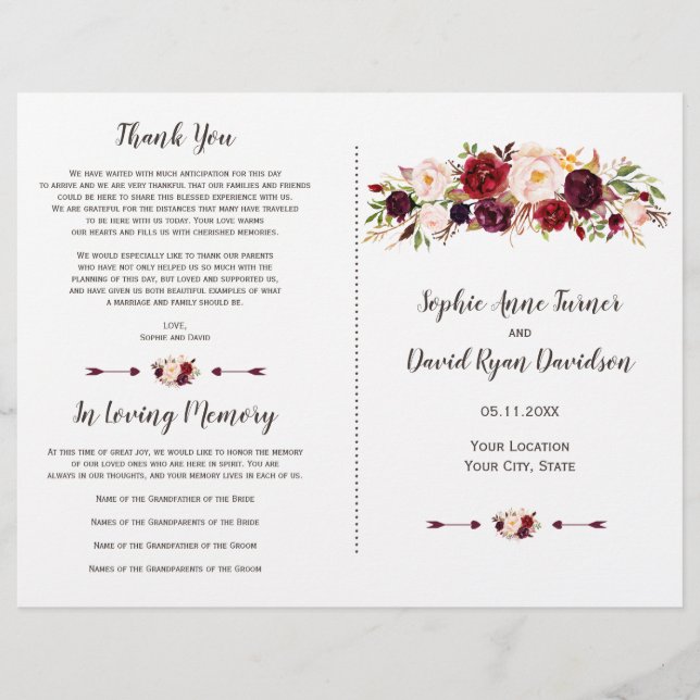 Burgundy Marsala Blush Bloral Wedding Program (Vorderseite)