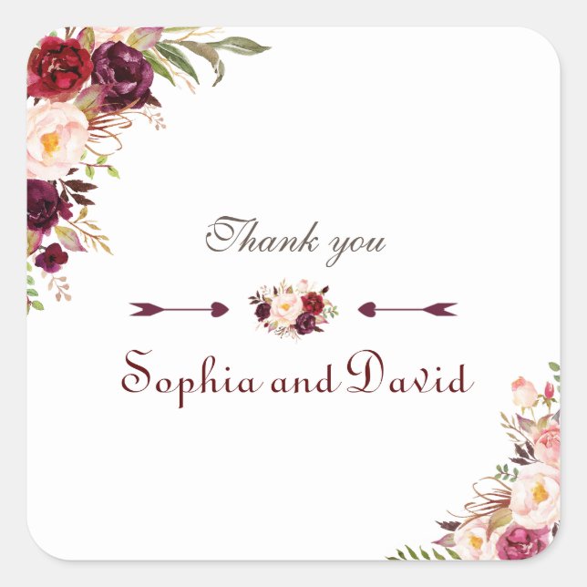 Burgundy Marsala Blush Bloral Wedding Quadratischer Aufkleber (Vorderseite)