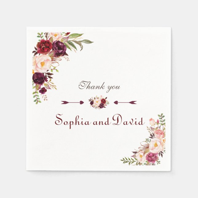 Burgundy Marsala Blush Bloral Wedding Serviette (Vorderseite)