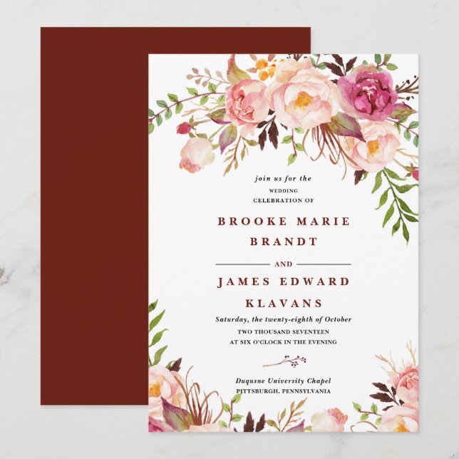 burgundy Marsala Blush Boho Wedding Einladung (Vorne/Hinten)