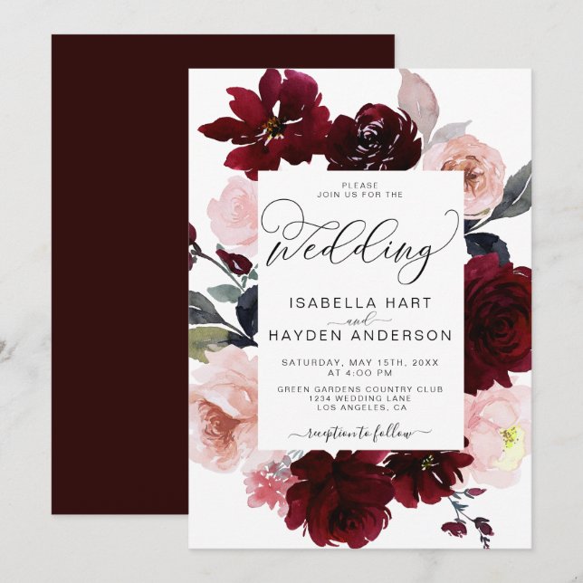 Burgundy Marsala Blush Dusty Pink Floral Wedding Einladung (Vorne/Hinten)