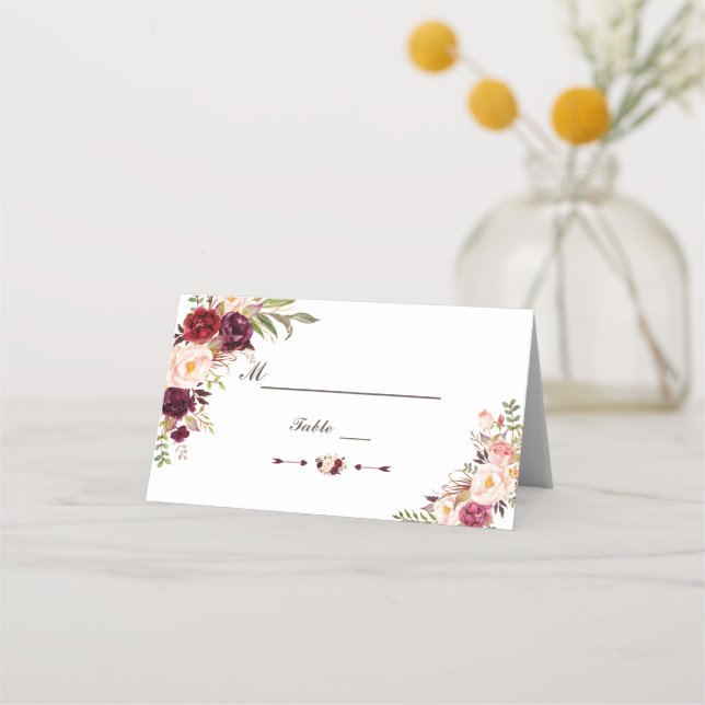 Burgundy Marsala Blush Floral Wedding Tischnummer Platzkarte (Vorderseite)