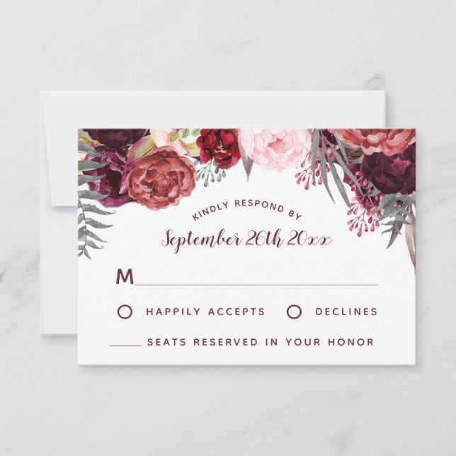 Burgundy Marsala Blush Peony Wedding RSVP Cards (Vorderseite)