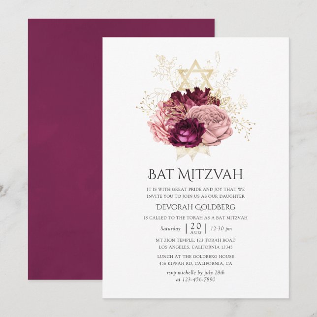 Burgundy Marsala Blush Pink und Gold Bat Mitzvah Einladung (Vorne/Hinten)
