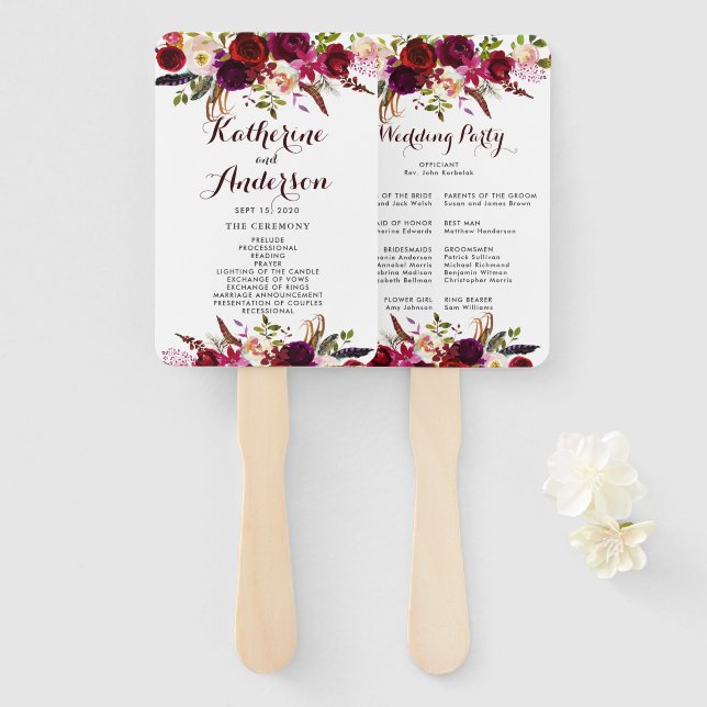 Burgundy Marsala Bohemisch Floral Wedding Program Fächer (Vorne und Hinten)
