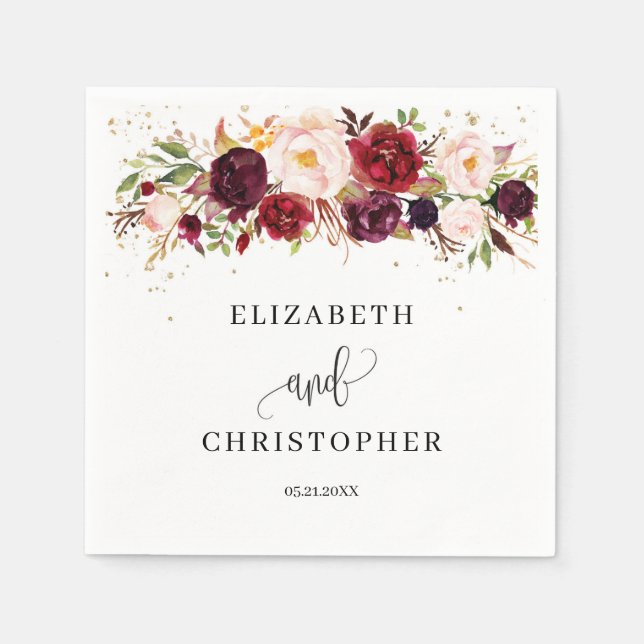 Burgundy Marsala Boho Floral Napkins Blush Red Serviette (Vorderseite)