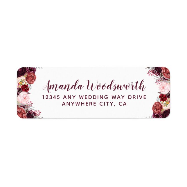 Burgundy Marsala Fall Peony Wedding Address Labels (Vorne)