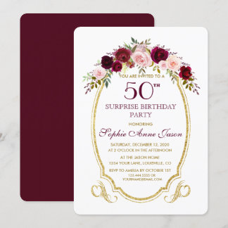 Burgundy Marsala Floral 50. Preis Geburtstag Einladung