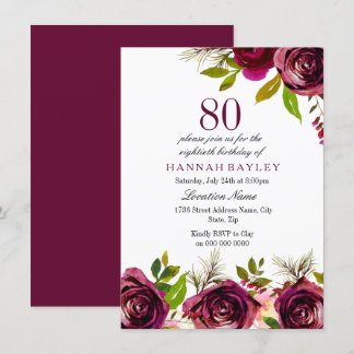 Burgundy Marsala Floral 80. Geburtstag Einladung
