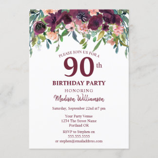 Burgundy Marsala Floral 90. Geburtstagsparty Einladung