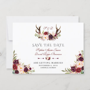 Burgundy Marsala Floral Antlers Blue Save the Date