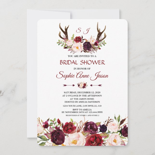 Burgundy Marsala Floral Antlers Brautparty Einladung (Vorderseite)
