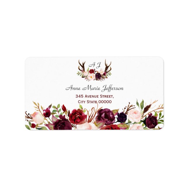 Burgundy Marsala Floral Antlers Monogram Wedding Adressaufkleber (Vorne)