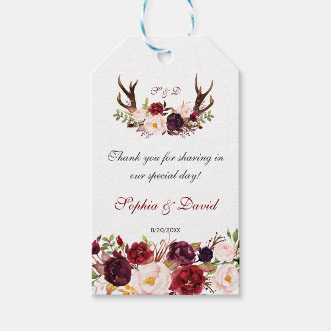 Burgundy Marsala Floral Antlers Monogram Wedding Geschenkanhänger (Vorderseite)