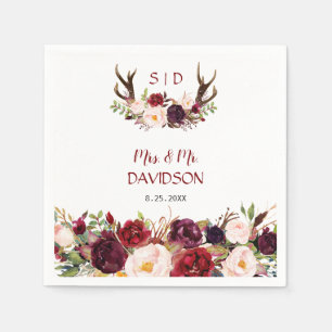 Burgundy Marsala Floral Antlers Monogram Wedding Serviette