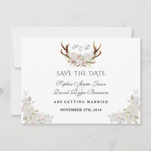 Burgundy Marsala Floral Antlers Save the Date (Vorderseite)