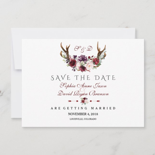 Burgundy Marsala Floral Antlers Save the Date (Vorderseite)