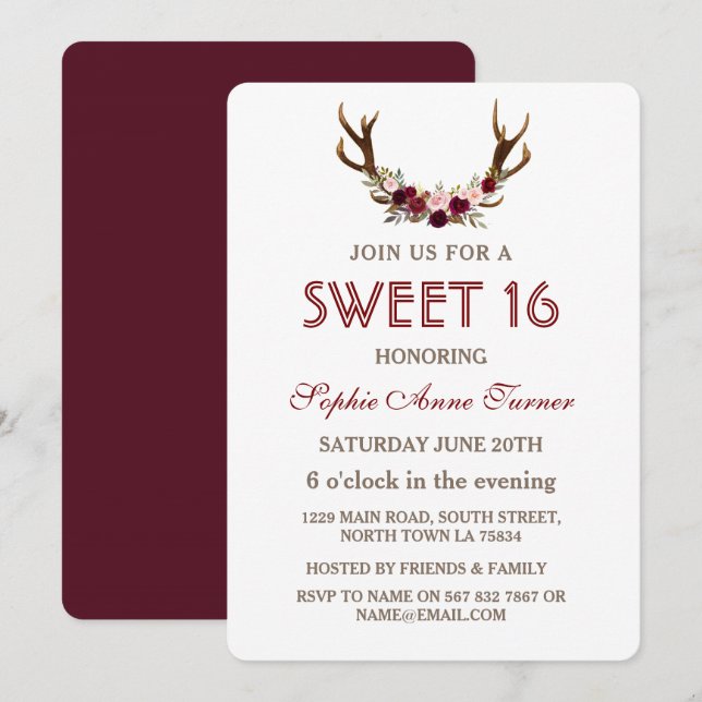 Burgundy Marsala Floral Antlers Sweet 16 Einladung (Vorne/Hinten)