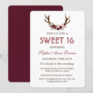 Burgundy Marsala Floral Antlers Sweet 16 Einladung