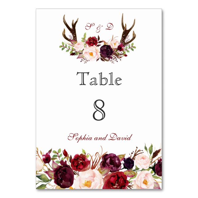 Burgundy Marsala Floral Antlers Tischnummer (Vorderseite)