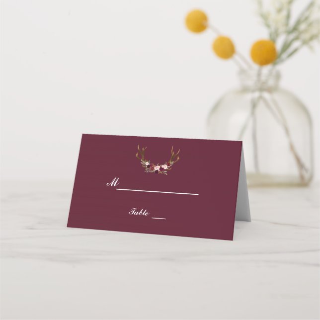 Burgundy Marsala Floral Antlers Tischnummer Platzkarte (Vorderseite)
