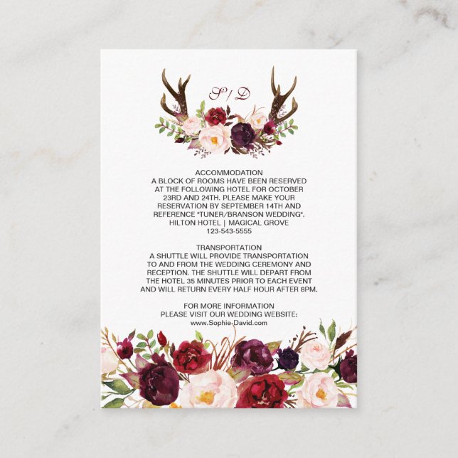 Burgundy Marsala Floral Antlers Wedding Details Begleitkarte (Vorderseite)
