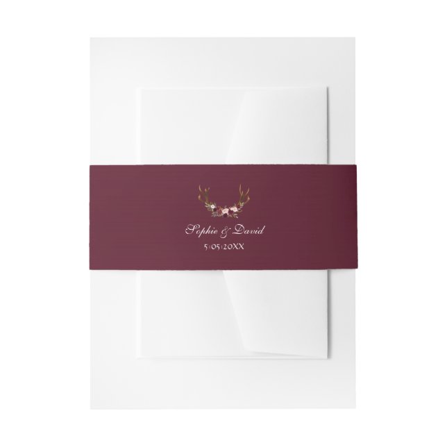 Burgundy Marsala Floral Antlers Wedding Einladungsbanderole (Vorderseite Beispiel)