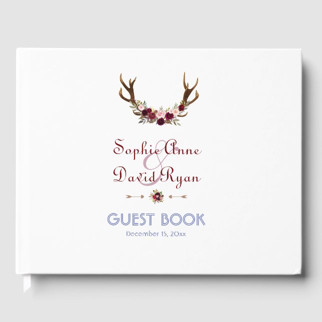Burgundy Marsala Floral Antlers Wedding Gästebuch (Vorderseite)