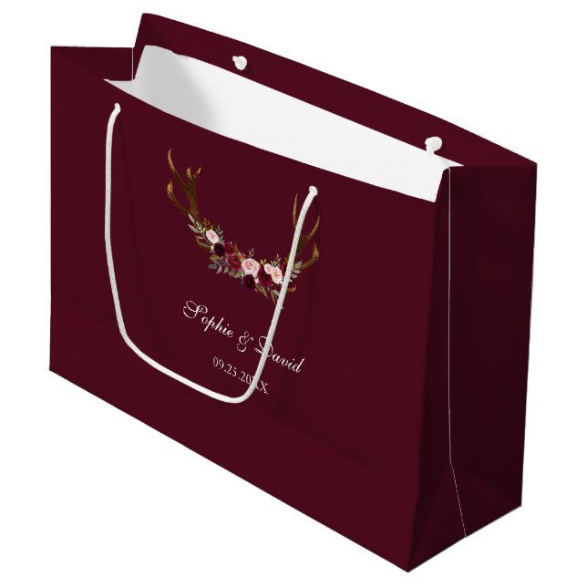 Burgundy Marsala Floral Antlers Wedding Große Geschenktüte (Vorderseite Schrägansicht)