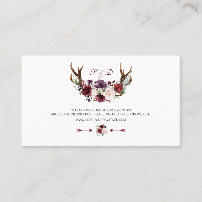 Burgundy Marsala Floral Antlers Wedding Website Visitenkarte (Vorderseite)