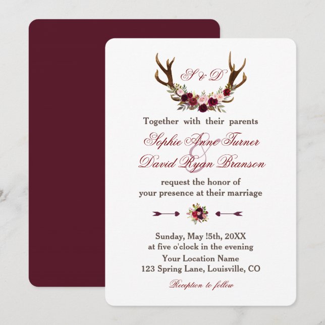 Burgundy Marsala Floral Antlers Wedgram Einladung (Vorne/Hinten)